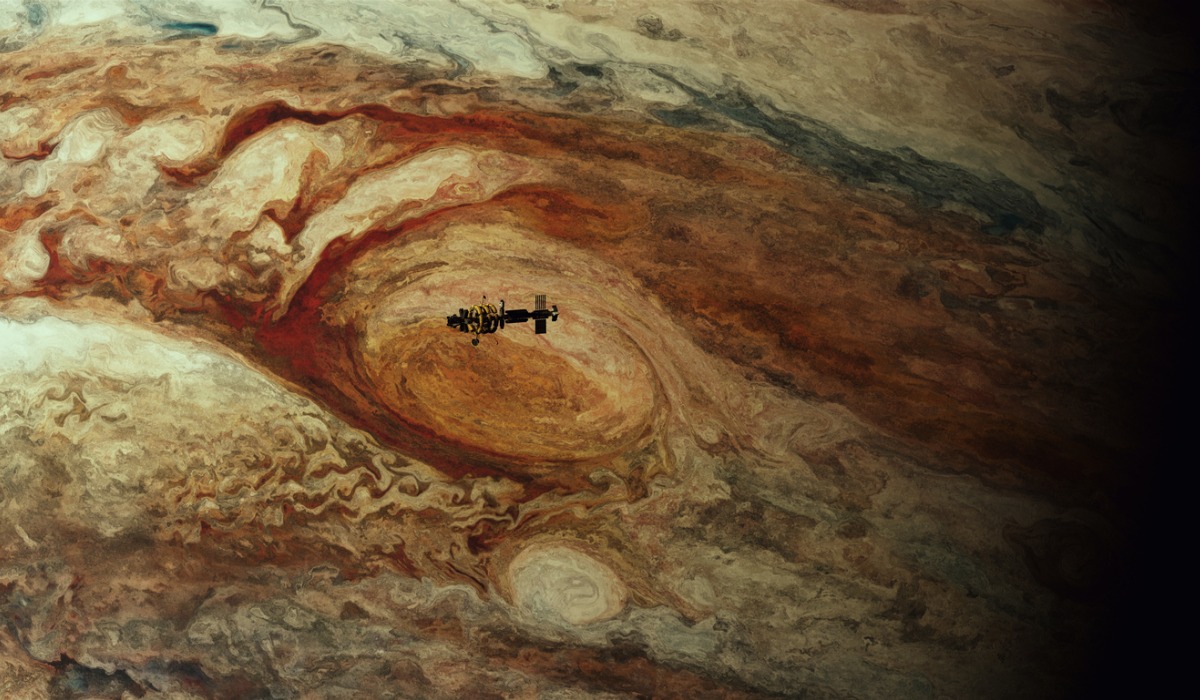 Ilustración de la sonda Juno sobre Júpiter.